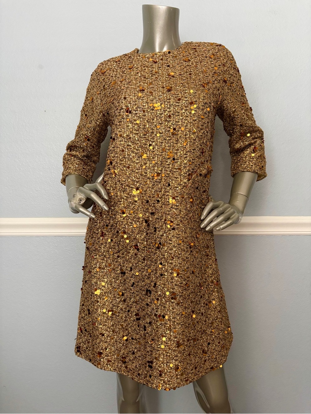 Frances Valentine Dress Mod Gold Sequin Mini 3/3 Sleeves NWT Small S